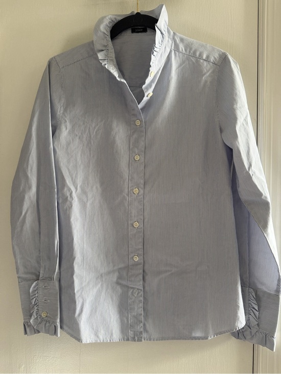 J. Crew Tops - J. Crew Light Blue Pinstripe Ruffle-Collar Button-Down Shirt Size S